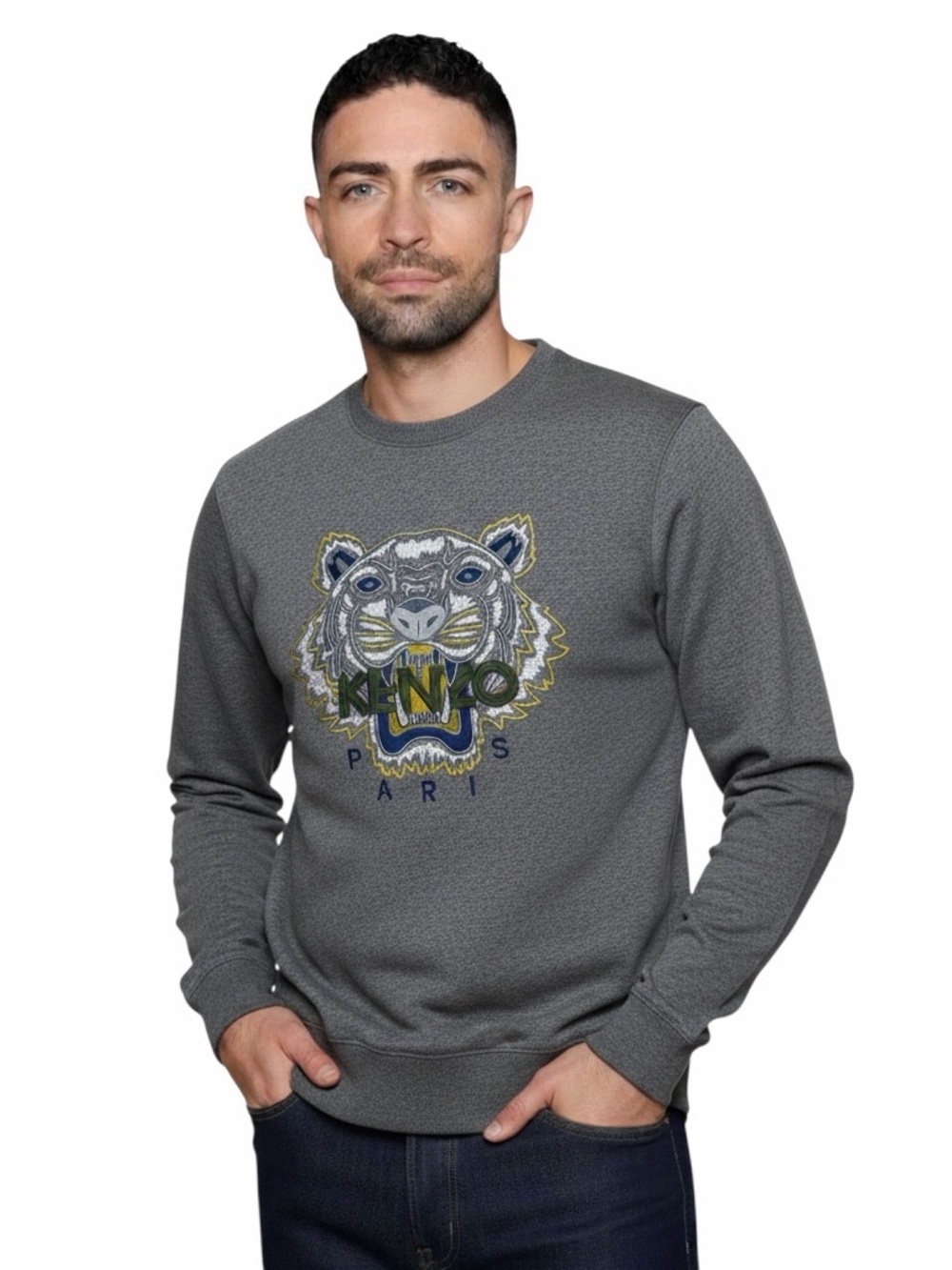 Kenzo Paris Tiger Embroidered Gray Crewneck Sweatshirt Pullover Men's Size M